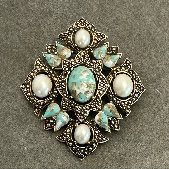 Vintage SARAH COVENTRY brooch/pendant Faux pearlturquoise cabochon Victorian
